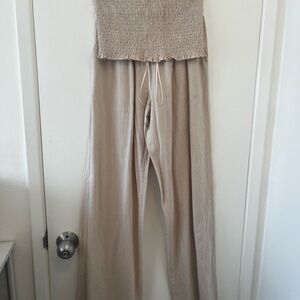 Beige Smocked Jumpsuit
